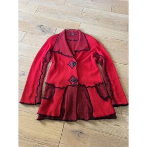 JOSKAR‎ Red Black Textured Knit Wavy Trim Button Front Cardigan Jacket Women's M
